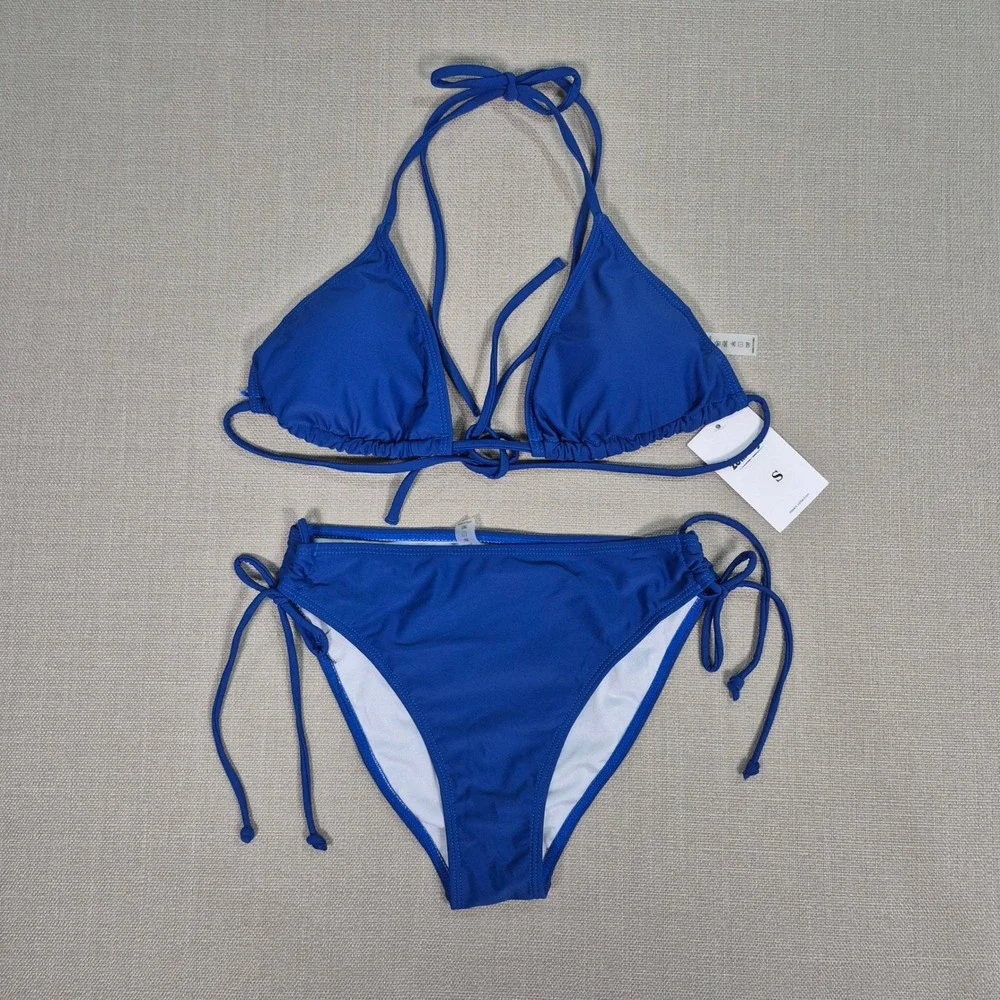 Zonsaoja Blue Triangle Halter Bikini Set Side Tie Bottoms Size Small NWT